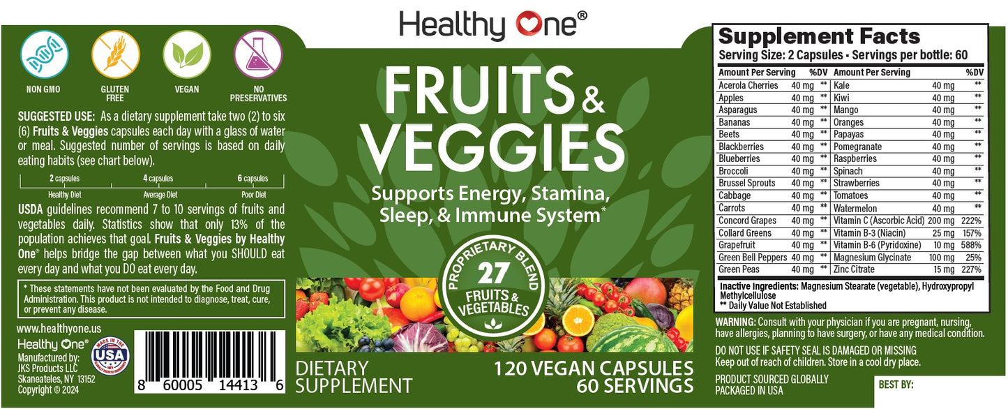 Healthy Fruits and Veggies - Natural Daily Supplement, Vitamins, Minerals & Antioxidants