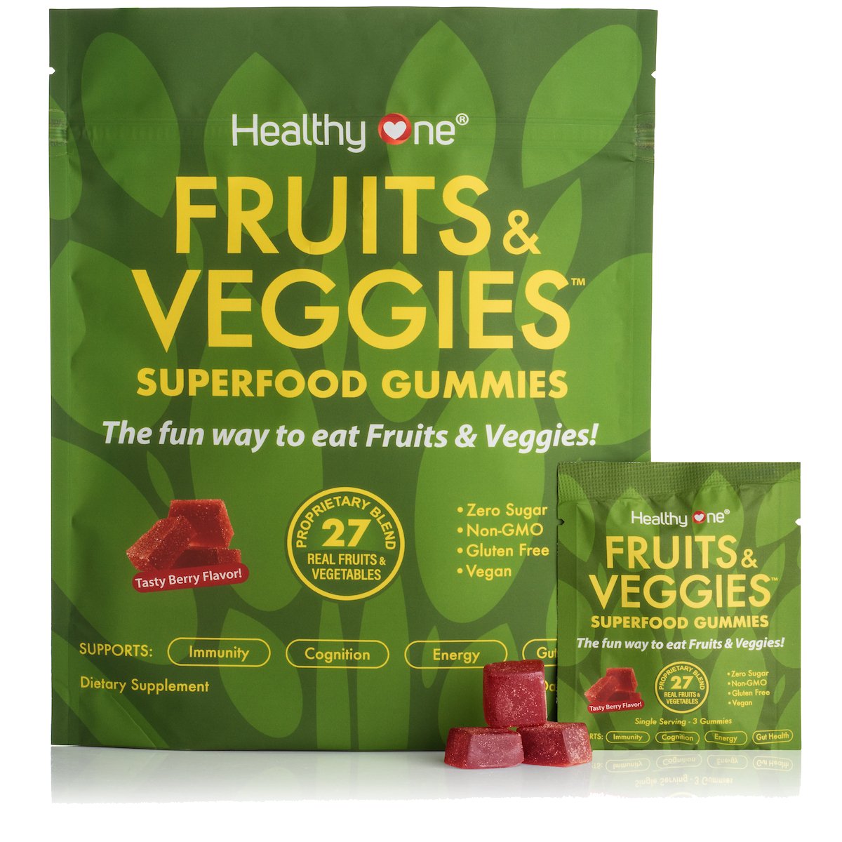 Healthy Fruits and Veggies -SUPERFOOD GUMMIES - Zero Sugar - Real Fruits & Veggies - Great Berry Taste!