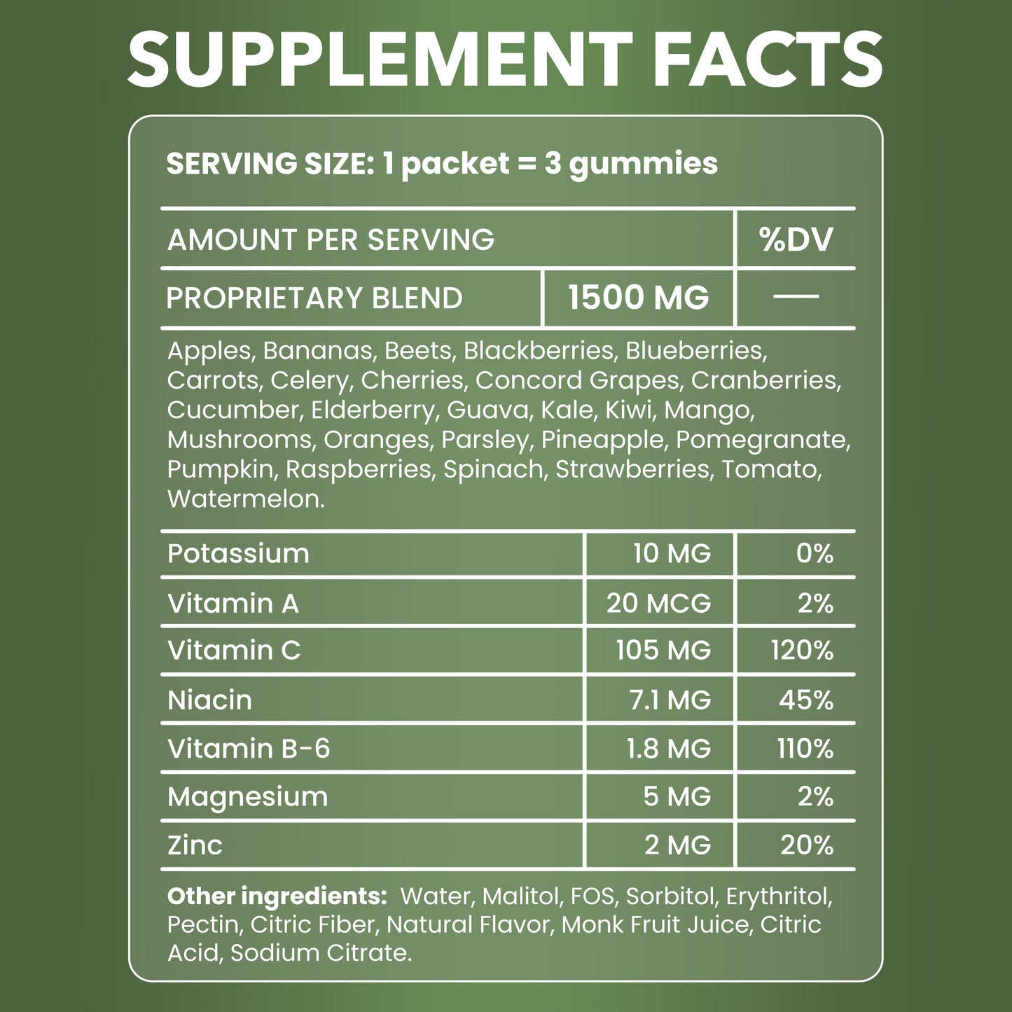 Healthy Fruits and Veggies -SUPERFOOD GUMMIES - Zero Sugar - Real Fruits & Veggies - Great Berry Taste!