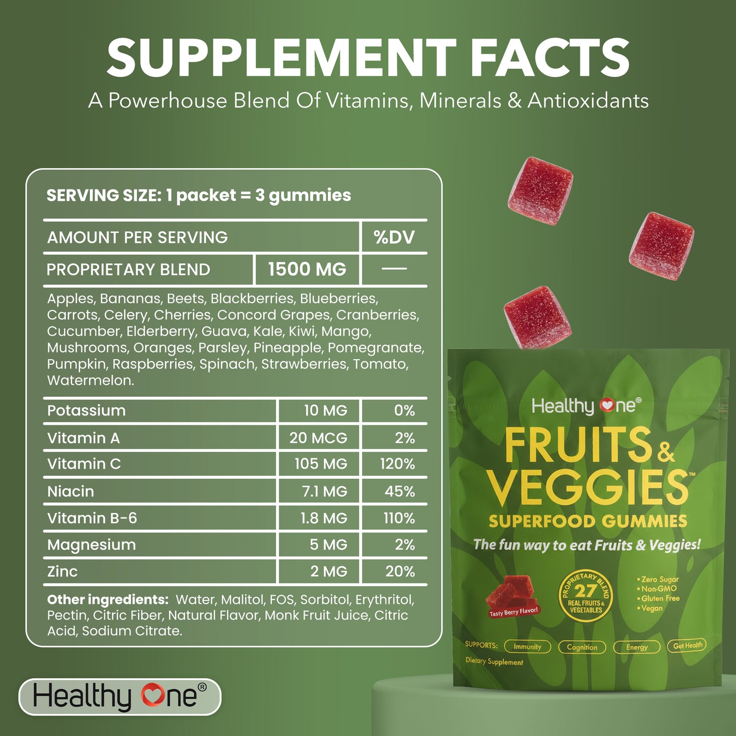 Healthy Fruits and Veggies -SUPERFOOD GUMMIES - Zero Sugar - Real Fruits & Veggies - Great Berry Taste!