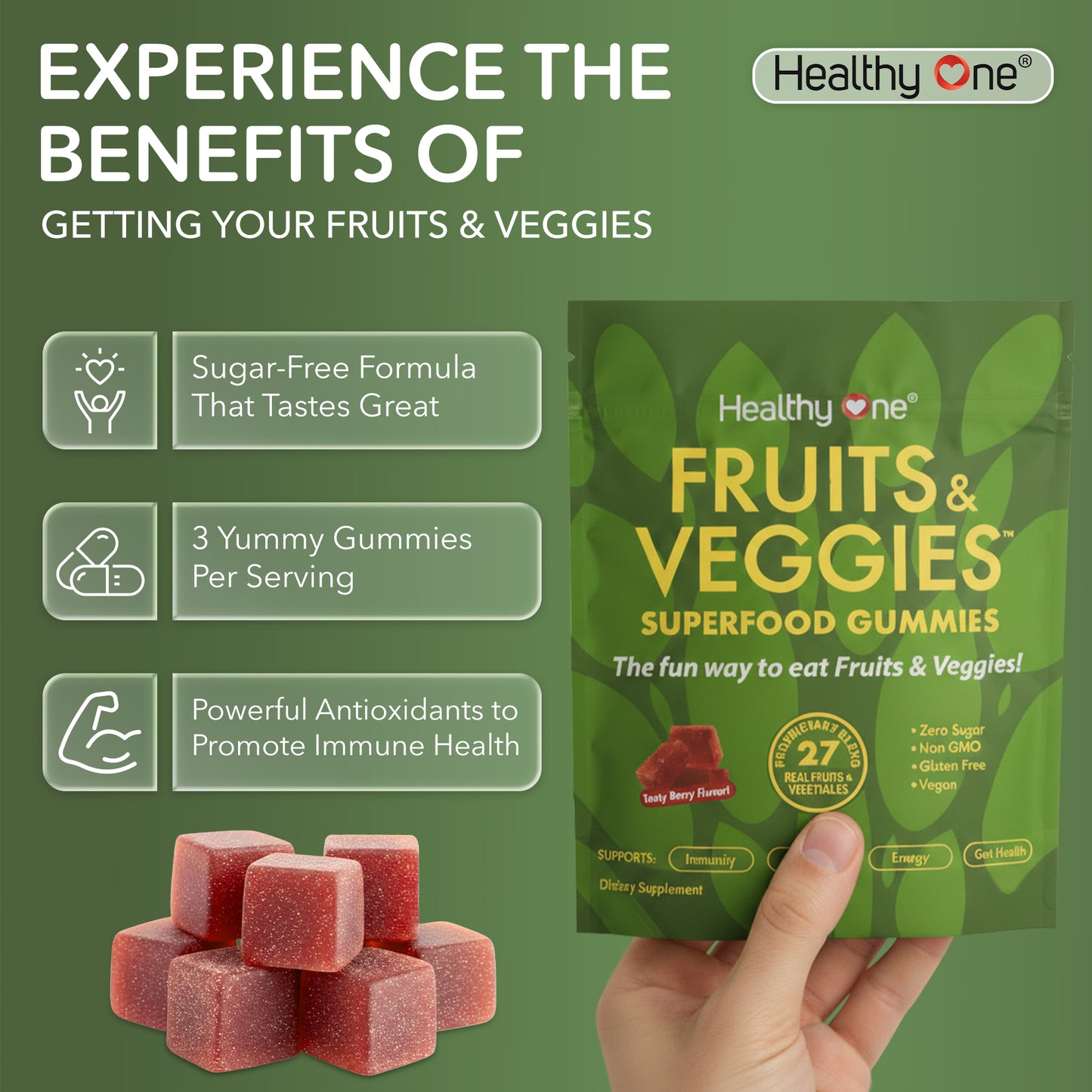 Healthy Fruits and Veggies -SUPERFOOD GUMMIES - Zero Sugar - Real Fruits & Veggies - Great Berry Taste!